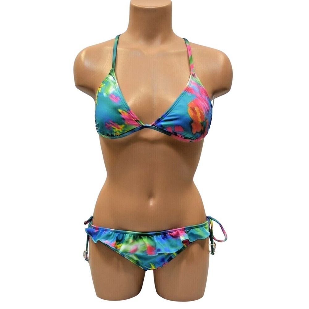 Guess Womens Multicolor Tropical Floral Ruffle Triangle Bikini Set Blue New